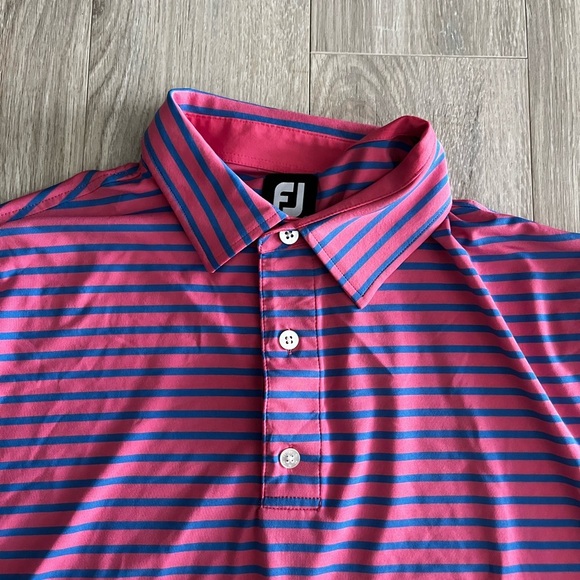 FootJoy Men’s Polo Golf Shirt Pink Blue & White Striped Short Sleeve - Large - Picture 2 of 6